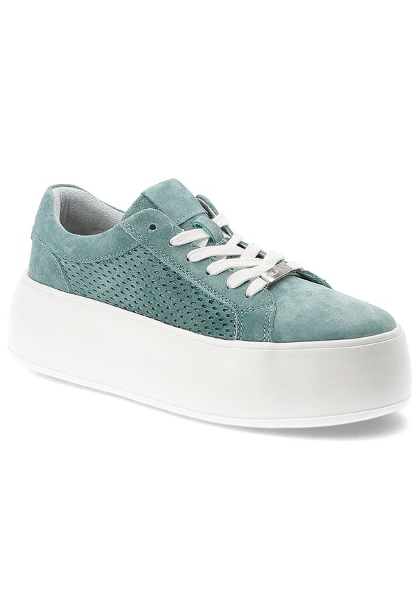 Sneakersy damskie Filippo, cholewka ze skóry naturalnej zamszowej perforowane wstawki po bokach wiązany fason, zielone, DP7520/26. Okazja: na co dzień. Zapięcie: sznurówki. Kolor: zielony. Materiał: skóra, zamsz. Szerokość cholewki: normalna. Obcas: na platformie. Styl: casual