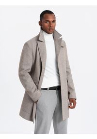 Ombre Clothing - Jednorzędowy wzorzysty męski płaszcz z kieszeniami – popielaty V1 - Rozmiar: XL. Typ kołnierza: kołnierz rewers. Kolor: szary. Materiał: syntetyk, tkanina, poliester, materiał. Wzór: ze splotem #7
