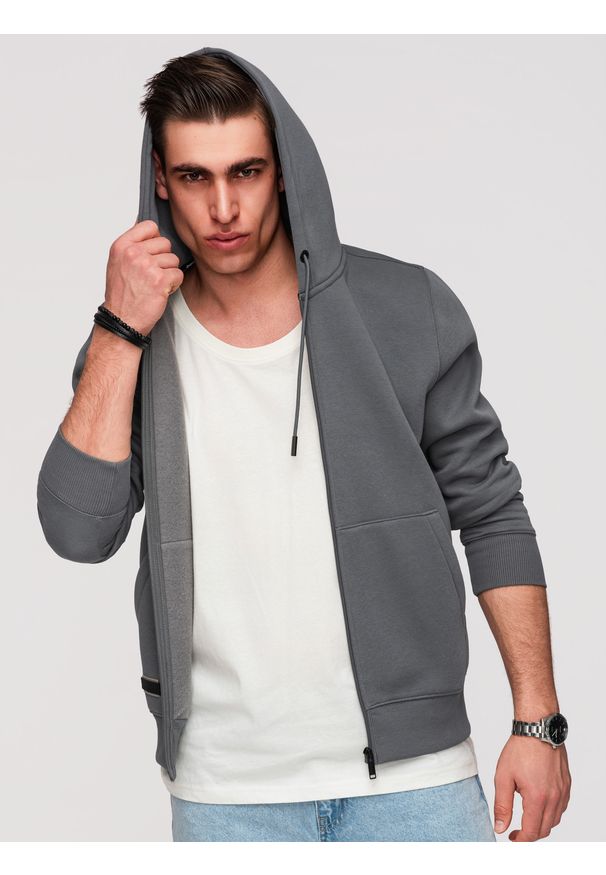 Ombre Clothing - Rozpinana męska dresowa bluza BASIC – grafitowa V11 - Rozmiar: XL. Okazja: na co dzień, na spacer. Typ kołnierza: kaptur. Kolor: szary. Materiał: dresówka. Wzór: aplikacja. Styl: casual