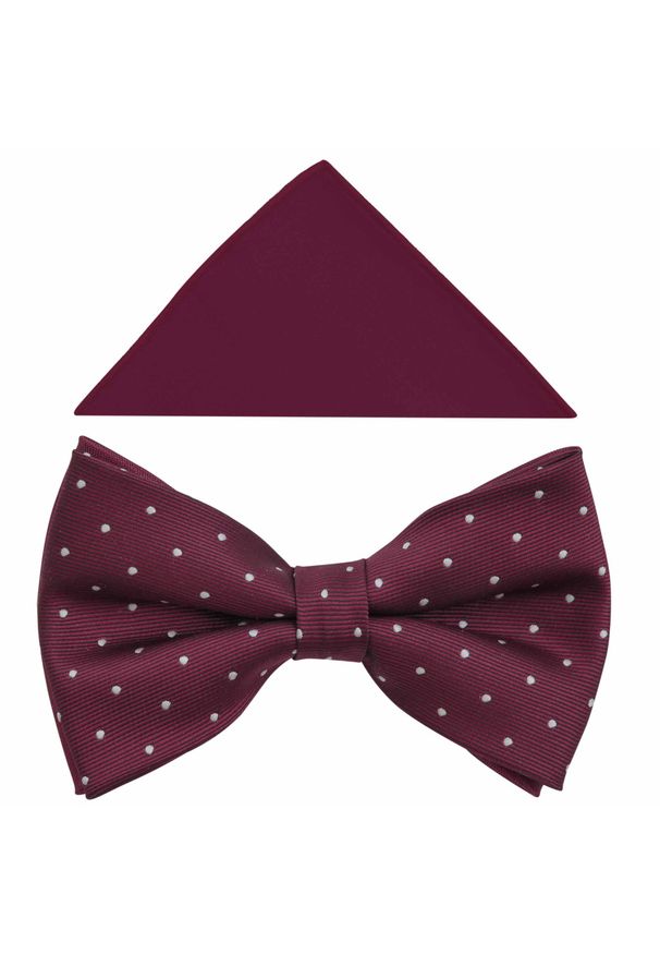 Modini - Bordowa/Burdgundowa muszka męska w białe kropki/groszki A372. Kolor: biały, wielokolorowy, czerwony. Materiał: poliester, tkanina. Wzór: grochy, kropki. Styl: elegancki