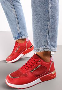 Renee - Czerwone Płaskie Sneakersy Sznurowane z Brokatowymi Wstawkami Raflia. Kolor: czerwony. Szerokość cholewki: normalna #1