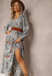 Renee - Szara Sukienka z Gumką w Pasie Nossi. Typ kołnierza: dekolt w kształcie V. Kolor: szary. Materiał: tkanina, materiał. Styl: boho. Długość: maxi