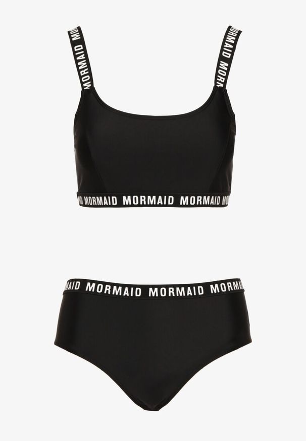 Born2be - Czarne Bikini Sportowa Góra i Majtki Typu Figi z Napisami Nevianea. Kolor: czarny. Wzór: napisy