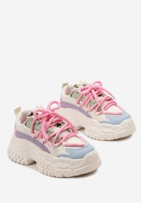 Renee - Biało-Różowe Sneakersy z Grubymi Sznurówkami na Niskiej Platformie Lasandre. Okazja: na co dzień. Zapięcie: sznurówki. Kolor: biały. Obcas: na platformie #5