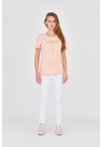 Guess - GUESS Damski t-shirt z dużym zdobionym logo, Rozmiar S. Kolor: pomarańczowy. Materiał: bawełna. Wzór: aplikacja