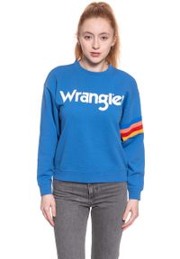 Wrangler - BLUZA WRANGLER DAMSKA LOGO SWEAT DEEP WATER W6072HQDF 112130428. Wzór: nadruk