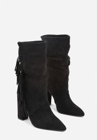 Born2be - Czarne Botki w Stylu Kowbojek na Obcasie Ozdobione Frędzlami Reitania. Okazja: na co dzień. Kolor: czarny. Materiał: jeans. Wzór: aplikacja. Obcas: na obcasie. Styl: klasyczny, casual. Wysokość obcasa: średni #4