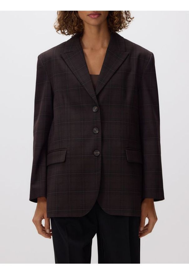 Reserved - Jednorzędowa marynarka w kratę - ciemnobrązowy. Kolor: brązowy. Materiał: tkanina, wiskoza