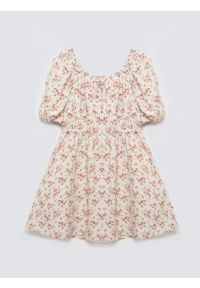 Big-Star - Sukienka dziewczęca z wiskozy w kwiatowy wzór perłowa Radojka 103. Okazja: na spacer. Typ kołnierza: kokarda, dekolt w karo. Kolor: kremowy. Materiał: wiskoza. Wzór: kwiaty. Sezon: lato #7