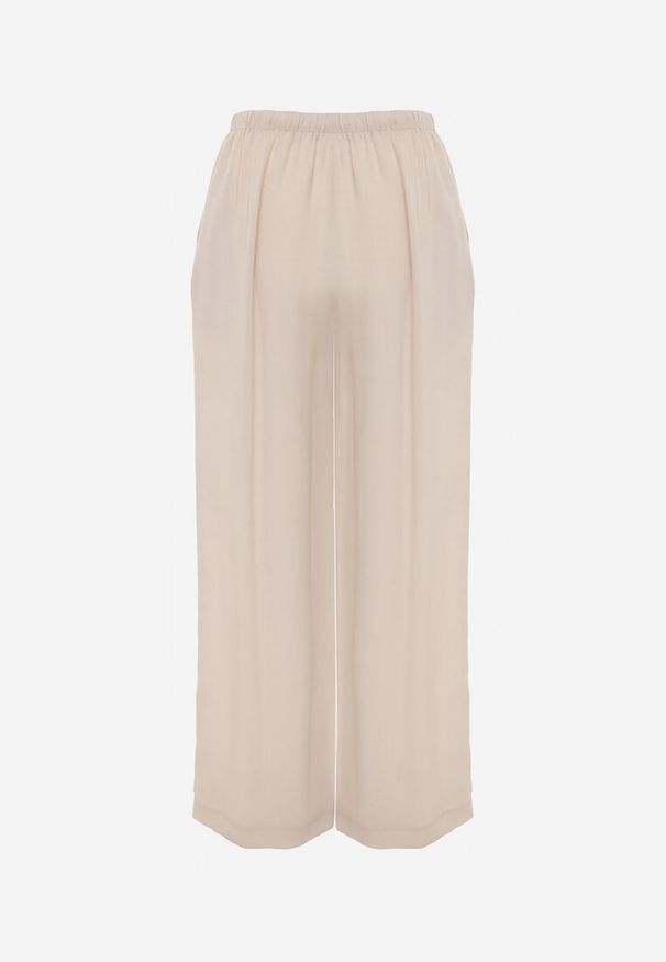 Renee - Beżowe Spodnie Wide Leg High Waist z Wiskozy Terilinae. Okazja: na co dzień. Stan: podwyższony. Kolor: beżowy. Materiał: wiskoza. Wzór: haft. Styl: casual