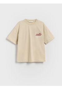 Reserved - Bawełniany t-shirt oversize - beżowy. Kolor: beżowy. Materiał: bawełna
