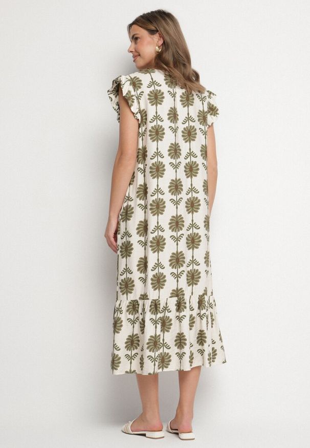 Born2be - Biało-Zielona Kwiatowa Sukienka z Bawełną i Falbanką Efanelia. Okazja: na imprezę, na spacer. Typ kołnierza: dekolt w serek. Kolor: beżowy. Materiał: bawełna. Wzór: kwiaty. Sezon: wiosna, lato. Typ sukienki: proste. Styl: elegancki