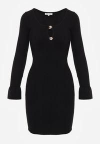 Renee - Czarna Wiskozowa Prążkowana Sukienka Bodycon Ozdobiona Wycięciem i Guzikami Nevelaura. Kolor: czarny. Materiał: wiskoza, prążkowany. Wzór: aplikacja. Typ sukienki: bodycon. Styl: elegancki #5