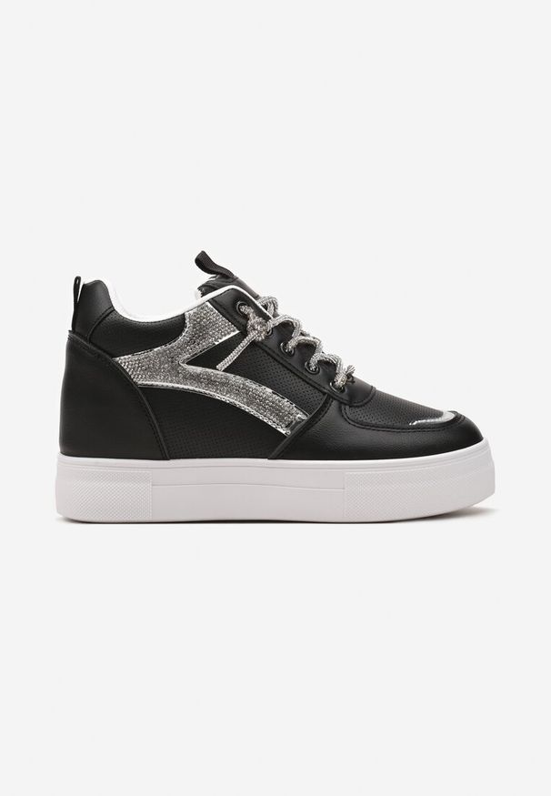 Renee - Czarne Sneakersy ze Wstawką z Cyrkonii na Ukrytym Koturnie Hricane. Okazja: na co dzień. Kolor: czarny. Obcas: na koturnie