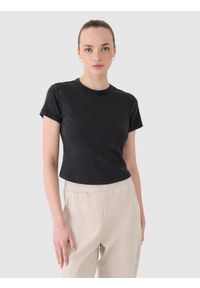 4f - 4F T-shirt slim z prążkowanej dzianiny damski - czarny L. Okazja: na co dzień. Kolor: czarny. Materiał: dzianina, prążkowany. Długość rękawa: krótki rękaw. Długość: krótkie. Wzór: prążki. Styl: klasyczny, sportowy, casual