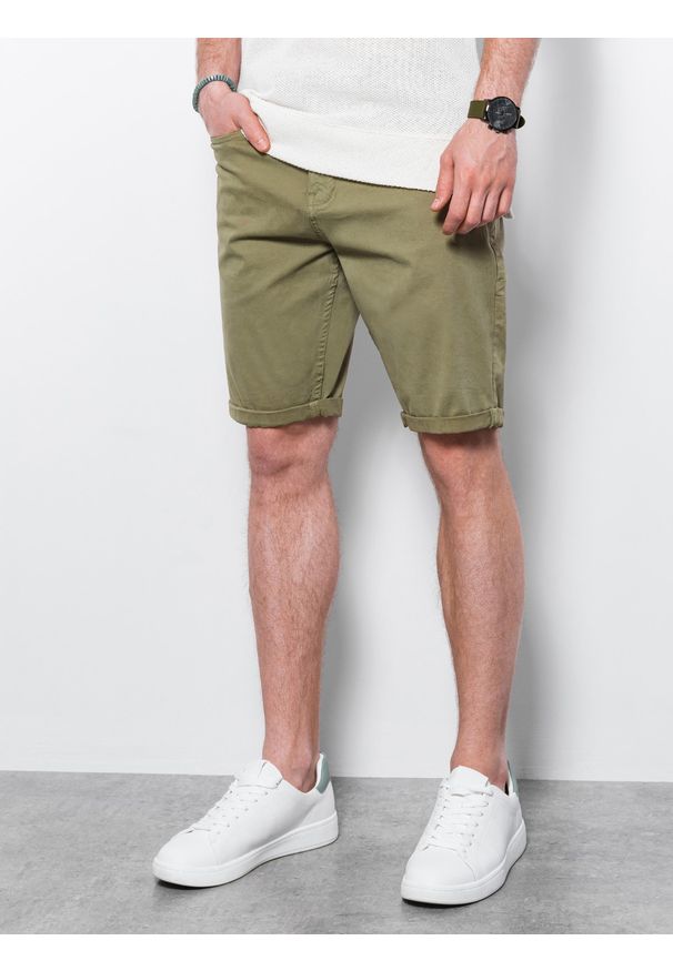 Ombre Clothing - Krótkie spodenki męskie casual W303 - khaki - M. Okazja: na co dzień. Kolor: brązowy. Materiał: elastan, bawełna, tkanina. Długość: krótkie. Sezon: lato. Styl: casual