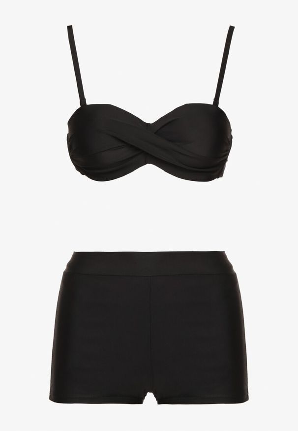 Born2be - Czarne Bikini 3-częściowe Wiązany Biustonosz Majtki Figi i Majtki Bokserki Levinna. Kolor: czarny. Wzór: aplikacja