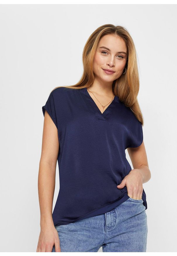 bonprix - Luźniejsza bluzka satynowa z obniżoną linią ramion i krótkim rękawem. Typ kołnierza: typu henley. Kolor: niebieski. Materiał: satyna. Długość rękawa: krótki rękaw. Długość: krótkie