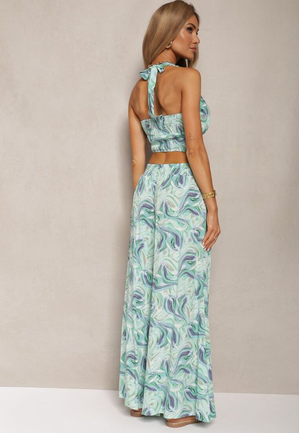 Renee - Zielony Komplet Boho z Bawełny Krótki Top na Ramiączkach z Gumką Szerokie Spodnie Rasida. Kolor: zielony. Materiał: bawełna