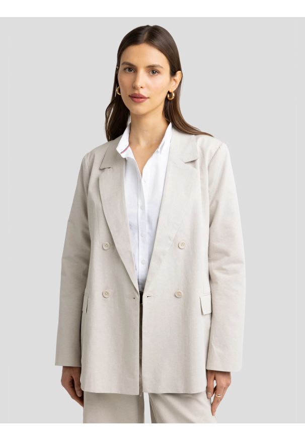 Big-Star - Marynarka damska z dodatkiem lnu beżowa Marylia 800. Okazja: na spotkanie biznesowe. Kolor: beżowy. Materiał: len. Wzór: aplikacja. Styl: biznesowy, elegancki