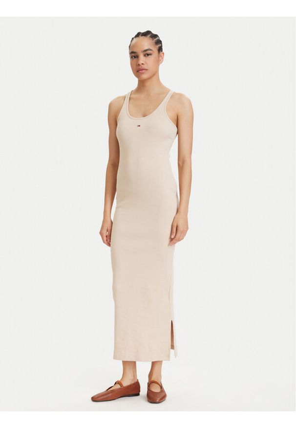 Tommy Jeans Sukienka letnia Racerback DW0DW22329 Beżowy jasny Slim Fit. Kolor: beżowy. Materiał: bawełna. Sezon: lato