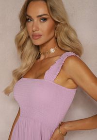 Renee - Fioletowa Sukienka z Wiskozą i Bawełną na Ramiączkach o Rozkloszowanym Kroju z Falbanami Nestaelle. Okazja: na co dzień. Kolor: fioletowy. Materiał: wiskoza, bawełna. Długość rękawa: na ramiączkach. Sezon: lato. Typ sukienki: rozkloszowane, proste. Styl: casual, elegancki #4