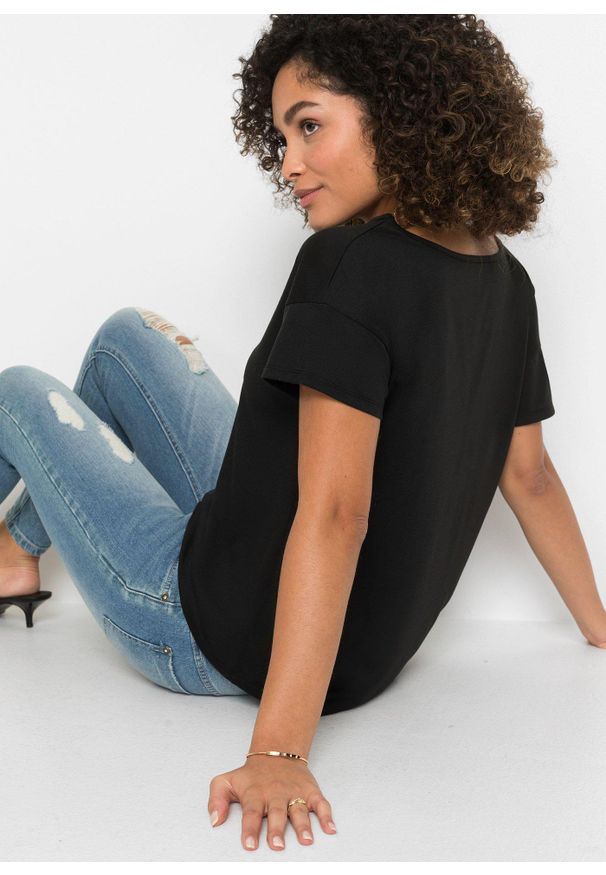 bonprix - Shirt z wycięciem. Kolor: czarny. Wzór: nadruk