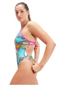 Strój Kąpielowy Speedo Digital Tie Back – Aqua/Fioletowy/Zielony – Rozmiar 38. Kolor: niebieski. Wzór: nadruk