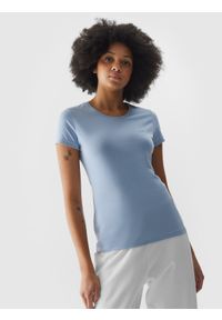 4f - T-shirt slim gładki damski - niebieski. Okazja: na co dzień. Kolor: niebieski. Materiał: jersey, materiał, bawełna, elastan, dzianina. Wzór: gładki. Styl: sportowy, casual