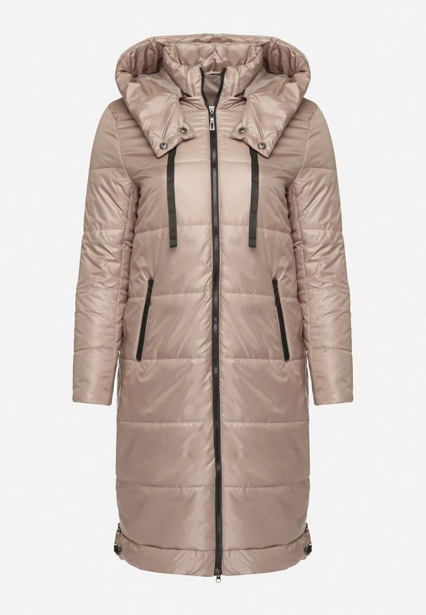 Born2be - Ciemnobeżowa Przejściowa Kurtka Pikowana z Kapturem i Suwakami po Bokach Fesunela. Okazja: na co dzień. Typ kołnierza: kaptur. Kolekcja: plus size. Kolor: beżowy. Materiał: jeans. Sezon: jesień. Styl: casual, klasyczny