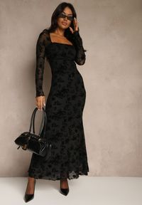 Renee - Czarna Sukienka VICES Bodycon z Siateczki Ozdobionej Wzorem w Kwiaty Rivita. Okazja: na imprezę. Typ kołnierza: dekolt kwadratowy. Kolor: czarny. Wzór: kwiaty, aplikacja. Typ sukienki: bodycon. Styl: elegancki #7