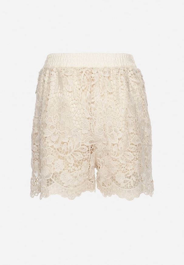Born2be - Jasnobeżowe Luźne Szorty ze Sznurkiem w Pasie Pokryte Koronką Aelpeha. Okazja: na co dzień. Kolor: beżowy. Materiał: koronka. Wzór: koronka. Styl: elegancki, casual