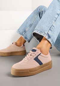 Renee - Różowo-Granatowe Sneakersy na Grubej Podeszwie w Stylu Kultowych Tenisówek Hanelith. Okazja: na co dzień. Kolor: różowy. Materiał: jeans #1