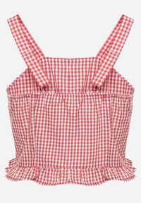 Born2be - Czerwona Bluzka Top ze Wzorem Kraty Ozdobiony Falbanką i Guzikami Folorae. Okazja: na co dzień. Kolor: czerwony. Materiał: jeans. Długość rękawa: na ramiączkach. Długość: krótkie. Wzór: aplikacja. Styl: elegancki, casual #7