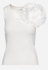 Born2be - Biały Top Koszulka bez Rękawów z Aplikacją Kwiatu Umalia. Okazja: na co dzień. Kolor: biały. Materiał: jeans. Długość rękawa: bez rękawów. Wzór: aplikacja, kwiaty. Styl: casual, elegancki #3