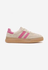 Renee - Beżowo-Fuksjowe Sneakersy Tenisówki z Wkładką ze Skóry Naturalnej Ozdobione Tłoczeniem Meluella. Okazja: na co dzień, na spacer. Kolor: beżowy. Materiał: skóra. Wzór: aplikacja. Sezon: wiosna. Sport: turystyka piesza #5