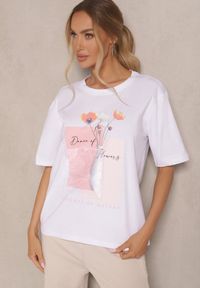 Renee - Biały T-shirt Oversize z Bawełny Zdobiony Nadrukiem Setolina. Okazja: na co dzień. Kolor: biały. Materiał: bawełna. Wzór: aplikacja, nadruk. Styl: klasyczny, casual, elegancki #5