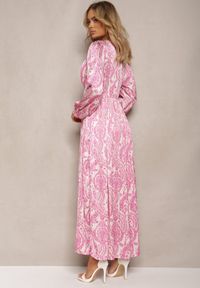 Renee - Różowa Rozkloszowana Sukienka z Gumką w Talii i Plisami z Ornamentalnym Printem Juvana. Okazja: na co dzień. Kolor: różowy. Wzór: nadruk. Typ sukienki: proste. Styl: boho, casual #4
