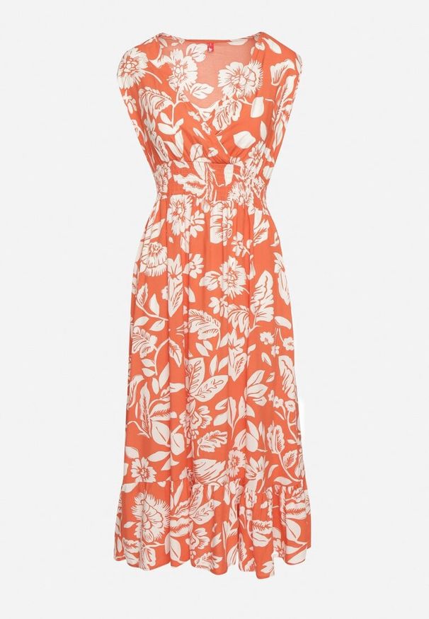 Born2be - Pomarańczowa Rozkloszowana Sukienka z Wiskozy w Kwiaty z Gumką w Talii Eranea. Kolor: pomarańczowy. Materiał: wiskoza. Wzór: kwiaty. Styl: elegancki