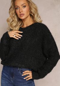 Renee - Czarny Luźny Sweter z Miękkiej Dzianiny Misgannis. Kolor: czarny. Materiał: dzianina. Wzór: ze splotem #3