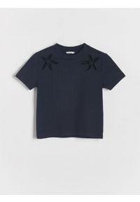 Reserved - T-shirt z haftowanym wzorem - granatowy. Kolor: niebieski. Materiał: bawełna. Wzór: haft