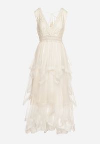 Born2be - Beżowa Sukienka z Kopertowym Dekoltem Wiązaniem na Plecach i Asymetrycznym Dołem z Siateczki Helolla. Okazja: na co dzień. Typ kołnierza: dekolt kopertowy. Kolor: beżowy. Materiał: jeans. Typ sukienki: asymetryczne, kopertowe. Styl: casual, elegancki #7