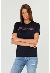 Just Cavalli - JUST CAVALLI Czarny damski t-shirt R LOGO CRYSTAL, Rozmiar L. Kolor: czarny. Materiał: bawełna