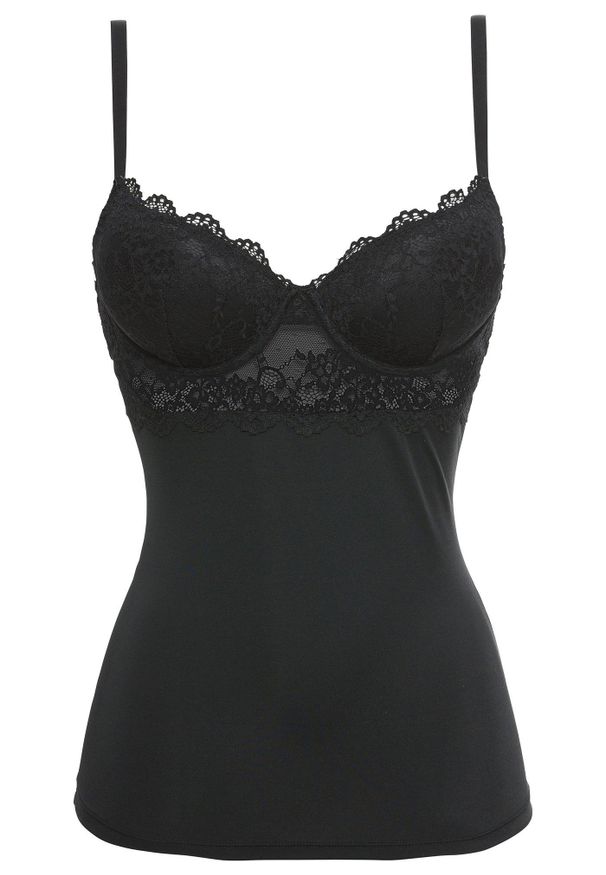 bonprix - Koszulka z biustonoszem z gładkiej mikrofibry. Kolor: czarny. Materiał: mikrofibra, koronka. Wzór: gładki, koronka