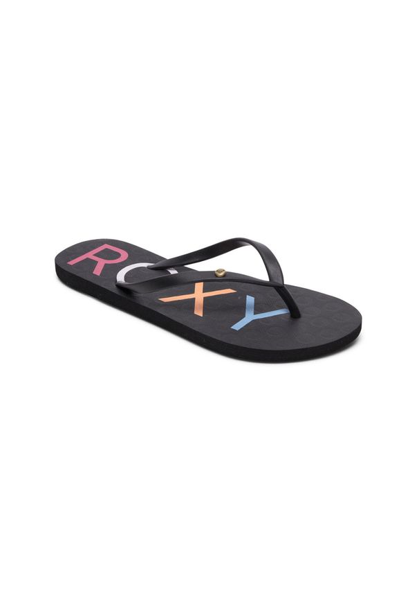 Roxy - Japonki plażowe damskie ROXY Sandy. Okazja: na plażę. Kolor: czarny. Materiał: guma, syntetyk. Wzór: nadruk. Styl: sportowy