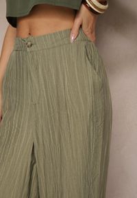 Renee - Ciemnozielone Spodnie o Szerokim Kroju High Waist Natoreia. Okazja: na co dzień. Stan: podwyższony. Kolor: zielony. Styl: boho, klasyczny, elegancki, casual #3