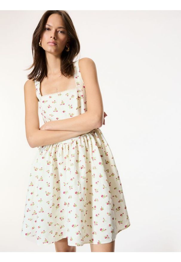 Reserved - Wzorzysta sukienka mini - wielobarwny. Materiał: bawełna, tkanina, len. Długość: mini