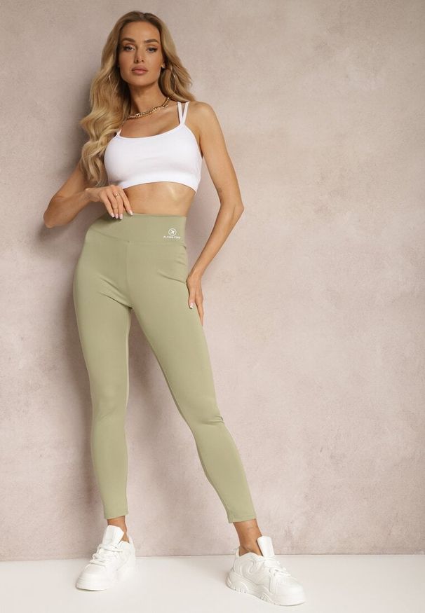 Renee - Zielone Legginsy High Waist z Gumką w Pasie Cloen. Okazja: na spacer, na co dzień. Stan: podwyższony. Kolor: zielony. Styl: klasyczny, casual