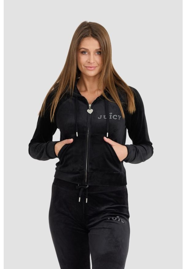 Juicy Couture - JUICY COUTURE Damska czarna bluza Regal Madison Hoodie, Rozmiar S. Okazja: na co dzień. Kolor: czarny. Materiał: elastan, poliester, materiał. Długość rękawa: długi rękaw. Długość: długie. Styl: casual, elegancki