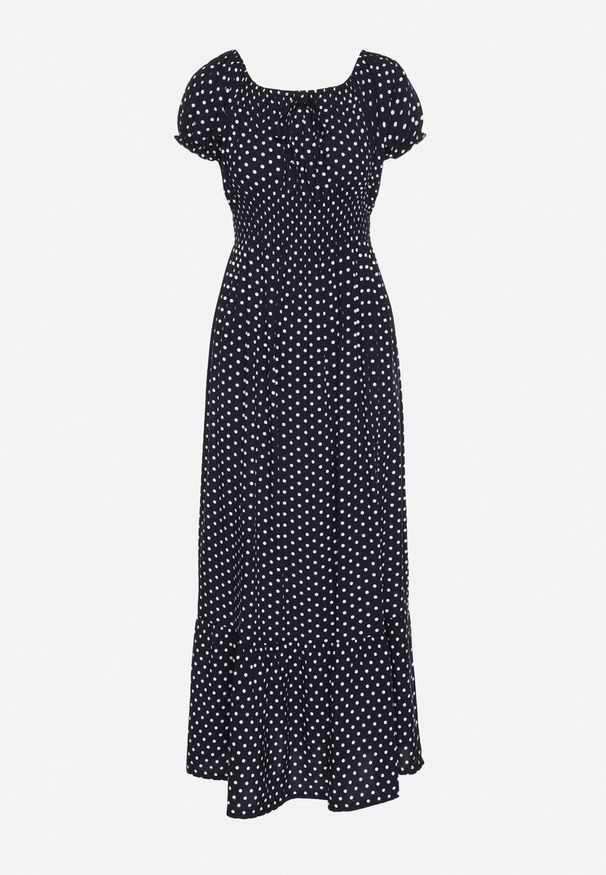 Born2be - Granatowa Sukienka z Bawełną w Kropki Ellisla. Okazja: na co dzień. Kolor: niebieski. Materiał: bawełna. Wzór: kropki. Styl: casual, elegancki